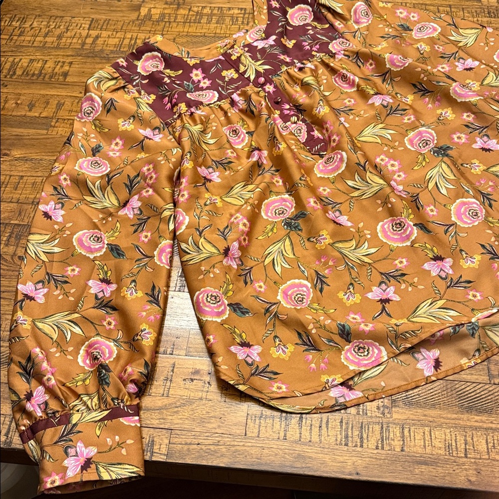 LOFT Floral Blouse Mustard Burgundy Long Sleeves Women's Small - Picture 7 of 14